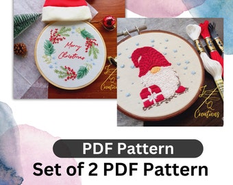 Set van 2 kerstborduurpatronen - PDF-borduurpatroon + video-tutorial - Kabouterpatroon - Kranspatroon - Krans en kabouter