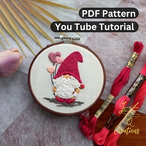 PDF pattern+ video tutorial/Cute Valentine Gnome with Heart Balloons -Hand embroidery pattern-Valentine Pattern-Beginner embroidery pattern