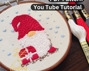 PDF Pattern + Video Tutorial-Hand Embroidery Pattern - Cute Christmas Gnome Embroidery - Christmas Embroidery - Beginner Embroidery Pattern