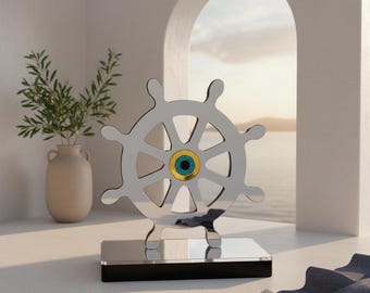 Grieks scheepswiel sculptuur boze oog, spiegel acryl tafelbladdecor
