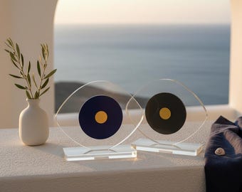 Cycladic Evil Eye Sculpture – Acrylic Greek Table Decor in Navy or Smoke Grey