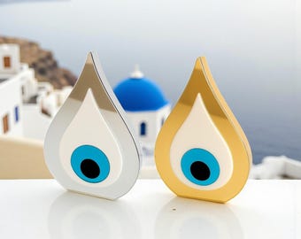 Grieks boze oog-ornament: gouden of zilveren spiegel, handgemaakte geluksbedel