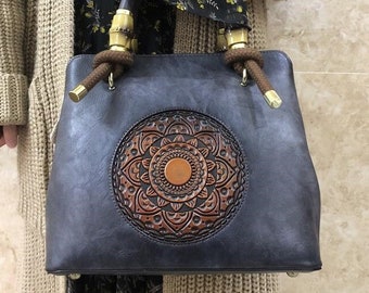 Leather Women's Handbag - 6 Color Choices | Embossed Mandala Totem Leather Top Handle Bag | Women's Bucket Bag | Women's Shoulder Bag