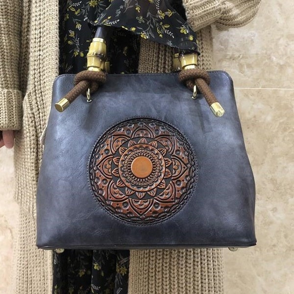 Leather Women's Handbag - 6 Color Choices | Embossed Mandala Totem Leather Top Handle Bag | Women's Bucket Bag | Women's Shoulder Bag