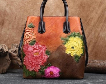 Genuine Leather Women's Bucket Bag | Embossed Flowers Leather Shoulder Bag | Floral Leather Top Handle Bag | Crossbody Leather Women's Bag