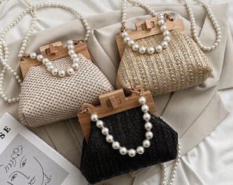 Straw Weave Shoulder Bag | Wooden & Pearl Handle Women's Bag | Crossbody Bag | Faux Pearls Women's Bag | Cute Women's Handbag | Gift For Her