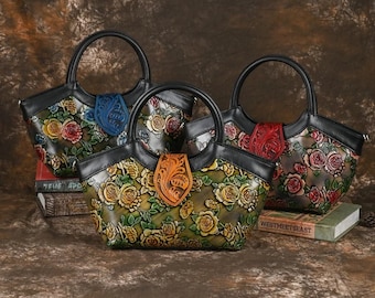 Floral Embossed Leather Top Handle Bag | Leather Women's Shoulder Bag | Handpainted Leather Bag | Unique Leather Bag | Women's Handbag