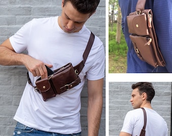 Leather Men's Waist Bag | Men Crossbody Bag | Fanny Pack | Belt Bag | Phone Bags | Travel Waist Pack | Gift For Him | Men's Shoulder Bag