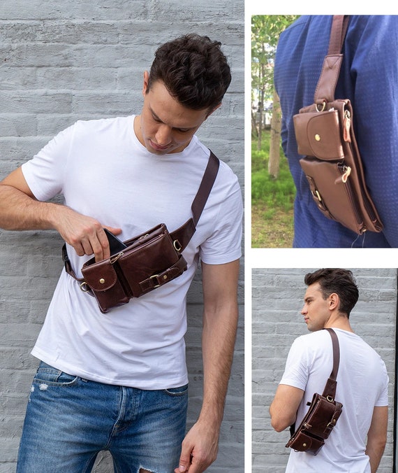 Leather Men's Waist Bag Men Crossbody Bag Fanny Pack Belt Bag Phone Bags  Travel Waist Pack Gift for Him Men's Shoulder Bag -  UK