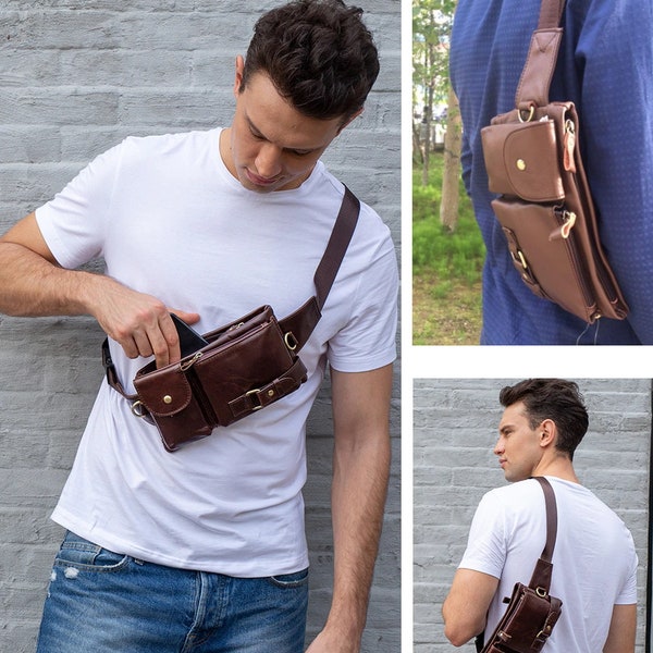 Leather Men's Waist Bag | Men Crossbody Bag | Fanny Pack | Belt Bag | Phone Bags | Travel Waist Pack | Gift For Him | Men's Shoulder Bag