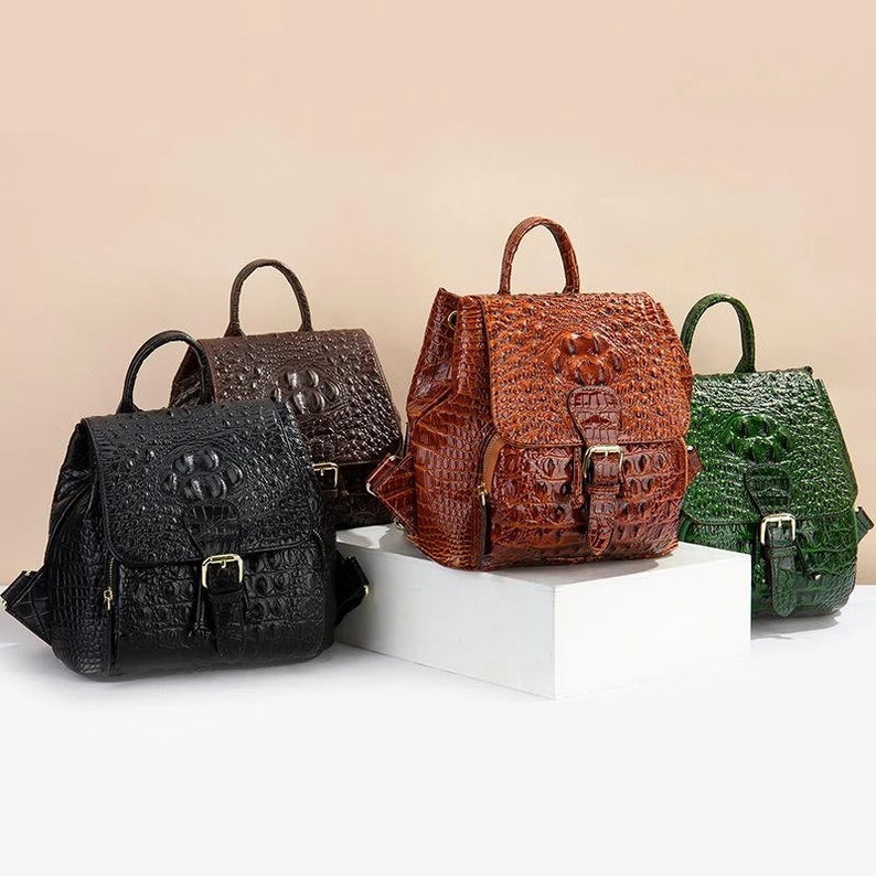 Crocodile Embossed Genuine Leather Frame Backpack Croc Print Leather