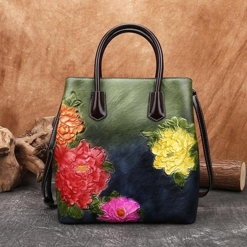 Genuine Leather Women's Bucket Bag Embossed Flowers Leather Shoulder Bag Floral Leather Top Handle Bag Crossbody Leather Women's Bag Green