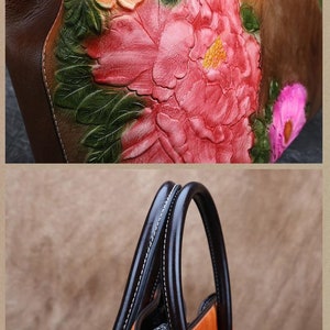 Genuine Leather Women's Bucket Bag Embossed Flowers Leather Shoulder Bag Floral Leather Top Handle Bag Crossbody Leather Women's Bag image 6