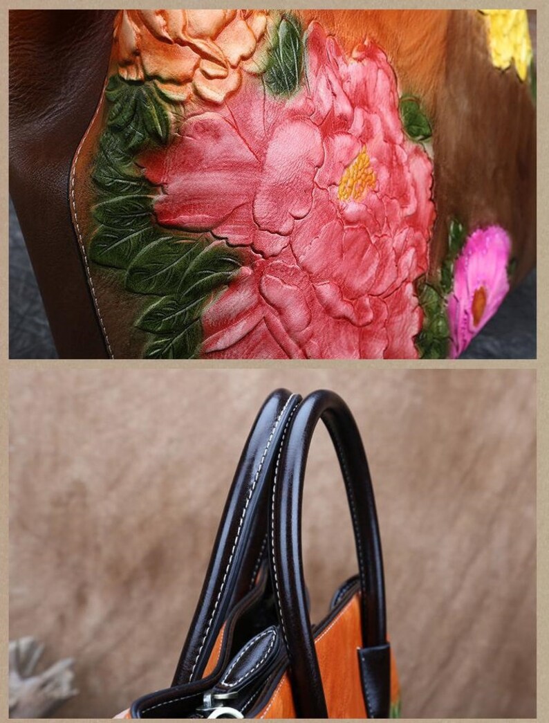Genuine Leather Women's Bucket Bag Embossed Flowers Leather Shoulder Bag Floral Leather Top Handle Bag Crossbody Leather Women's Bag image 6