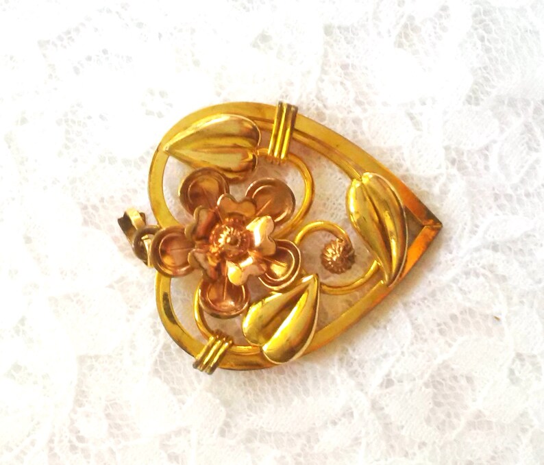 Floral Orange Blossom Design Co Vintage or Antique Heart Pendant Art Deco Style 10K Mult-Tone Gold Fill Signed A.S
