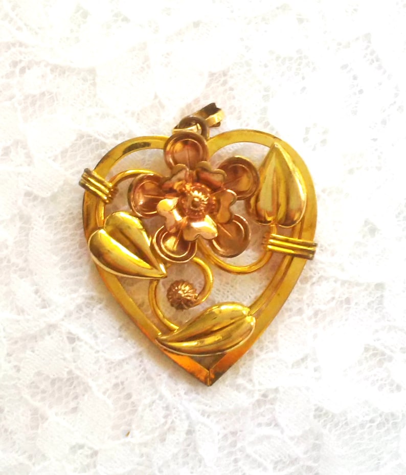 Floral Orange Blossom Design Co Vintage or Antique Heart Pendant Art Deco Style 10K Mult-Tone Gold Fill Signed A.S