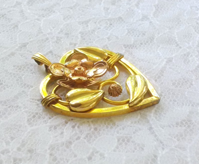 Floral Orange Blossom Design Co Vintage or Antique Heart Pendant Art Deco Style 10K Mult-Tone Gold Fill Signed A.S