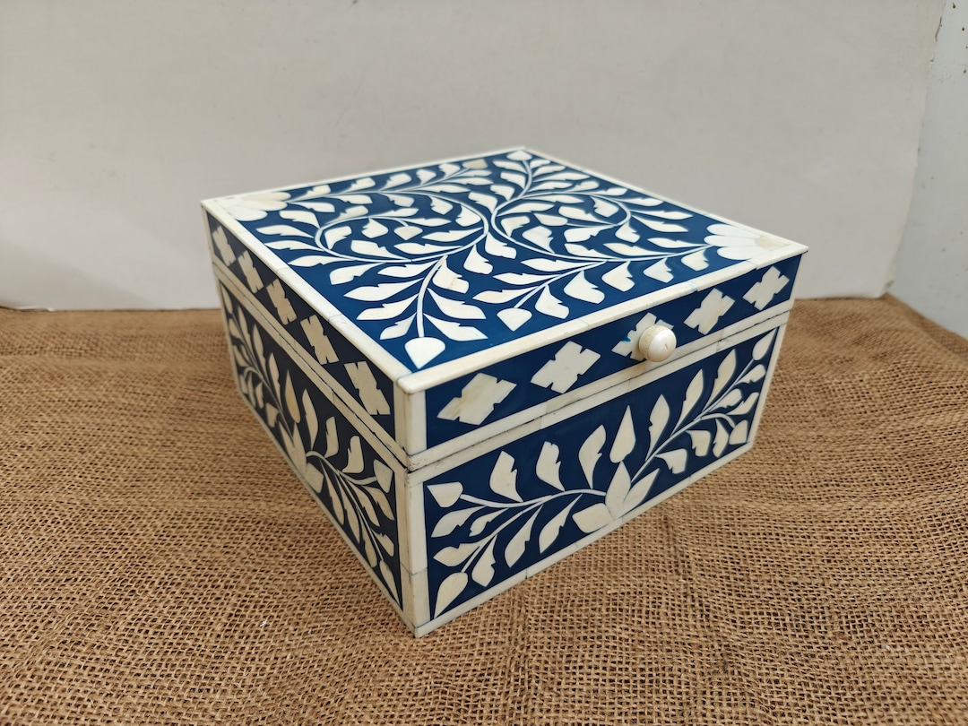 Bone Inlay Box in Wood Floral Box Table Decor Navy Color Box Handmade ...