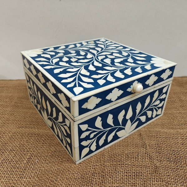 Bone Inlay box in wood floral box table decor navy color box handmade coffee table box ottoman box bone inlay Moroccan decor jewellery box