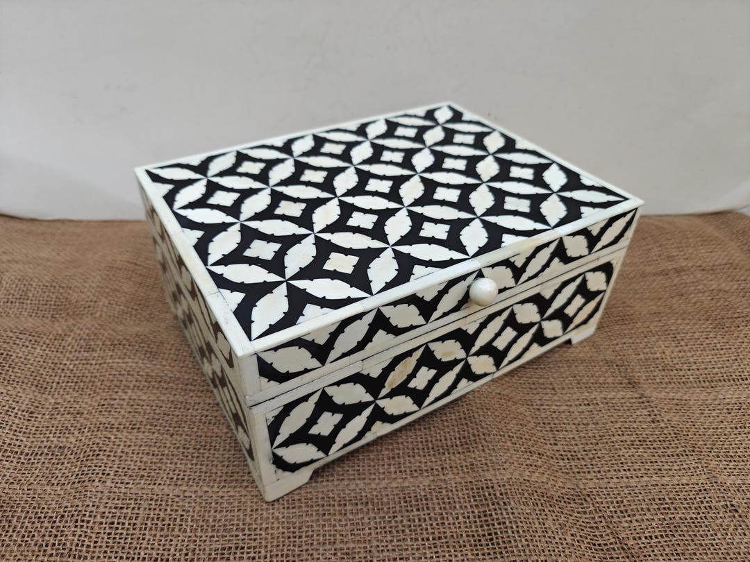 Bone Inlay Box in Wood Floral Box Table Decor Black Color Box Handmade ...