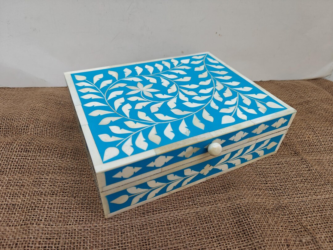 Bone Inlay Box in Wood Floral Box Table Decor Blue Color Box Handmade ...