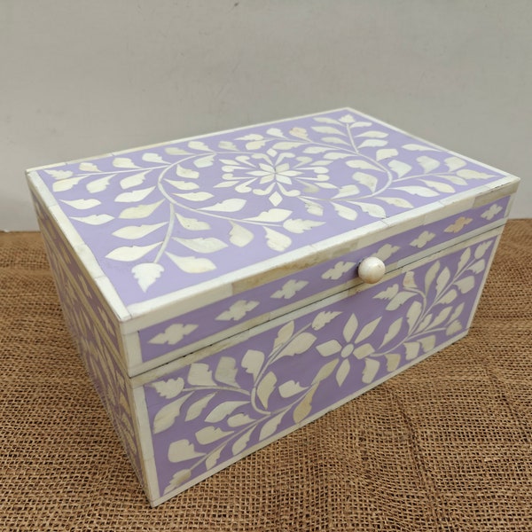 Bone Inlay box in wood floral box table decor navy color box handmade coffee table box ottoman box bone inlay Moroccan decor jewellery box