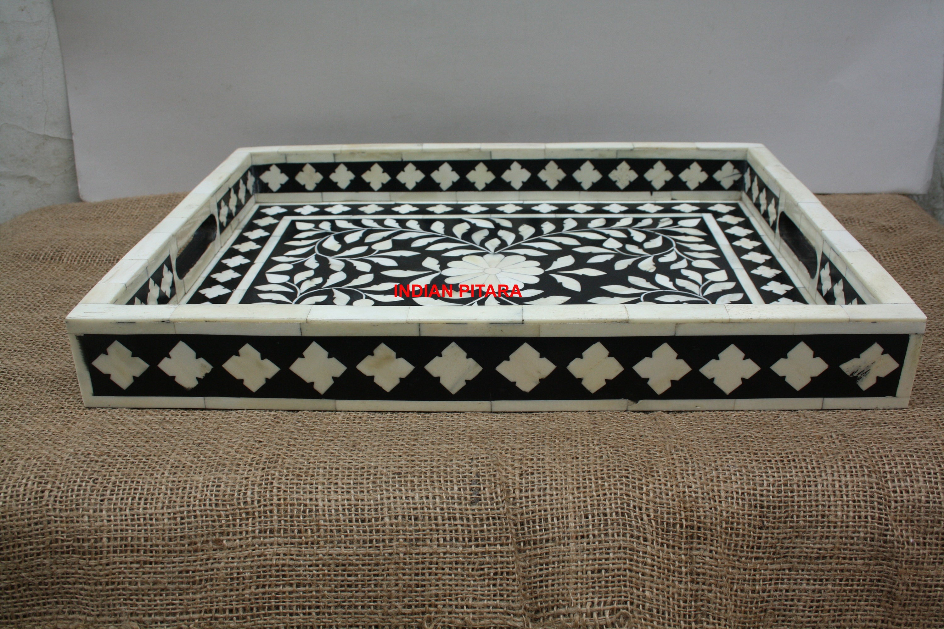 Bone Inlay tray in wood floral tray table decor black color Etsy