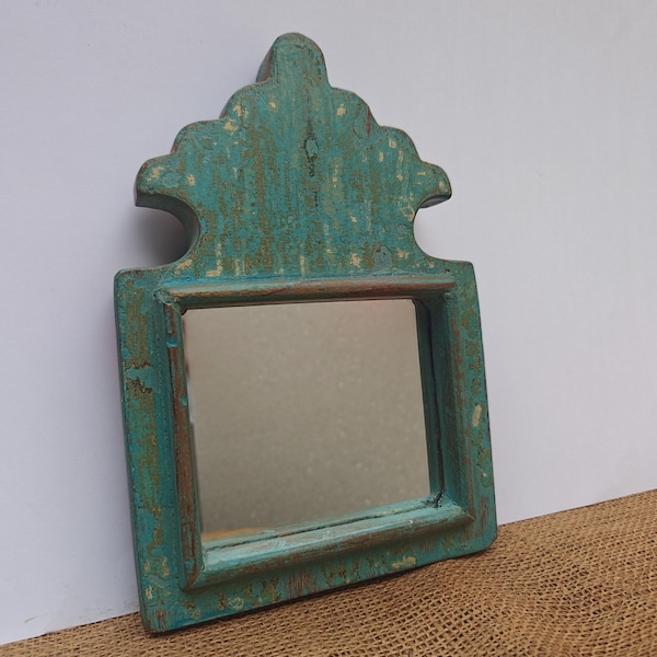 Vintage Moroccan Wooden Wall Mirror, Distressed Wood Frame mehrab decor