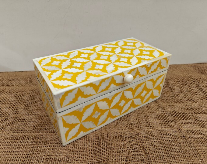 Bone Inlay Box in Wood Floral Box Table Decor Yellow Color Box Handmade ...