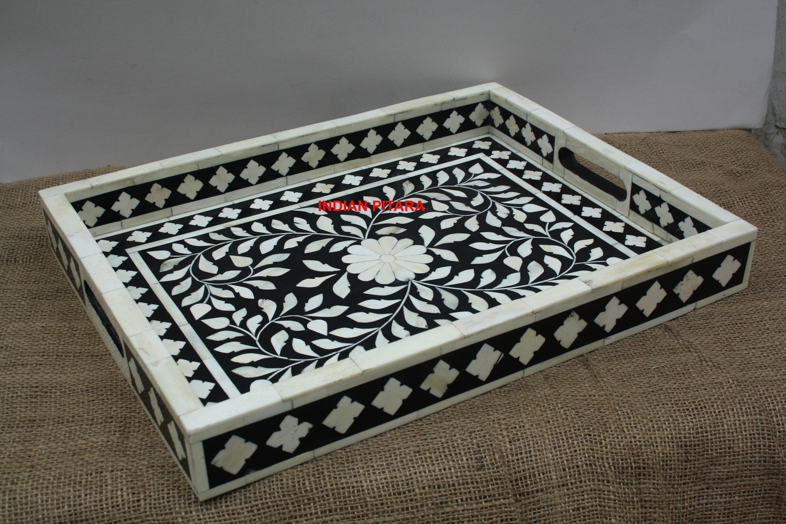 Bone Inlay tray in wood floral tray table decor black color Etsy