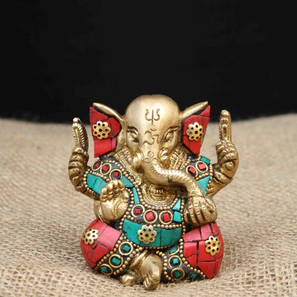 Brass Ganesha with stones Brass Ganesh with gemstones Indian Brass figures table decoration spa decoration
