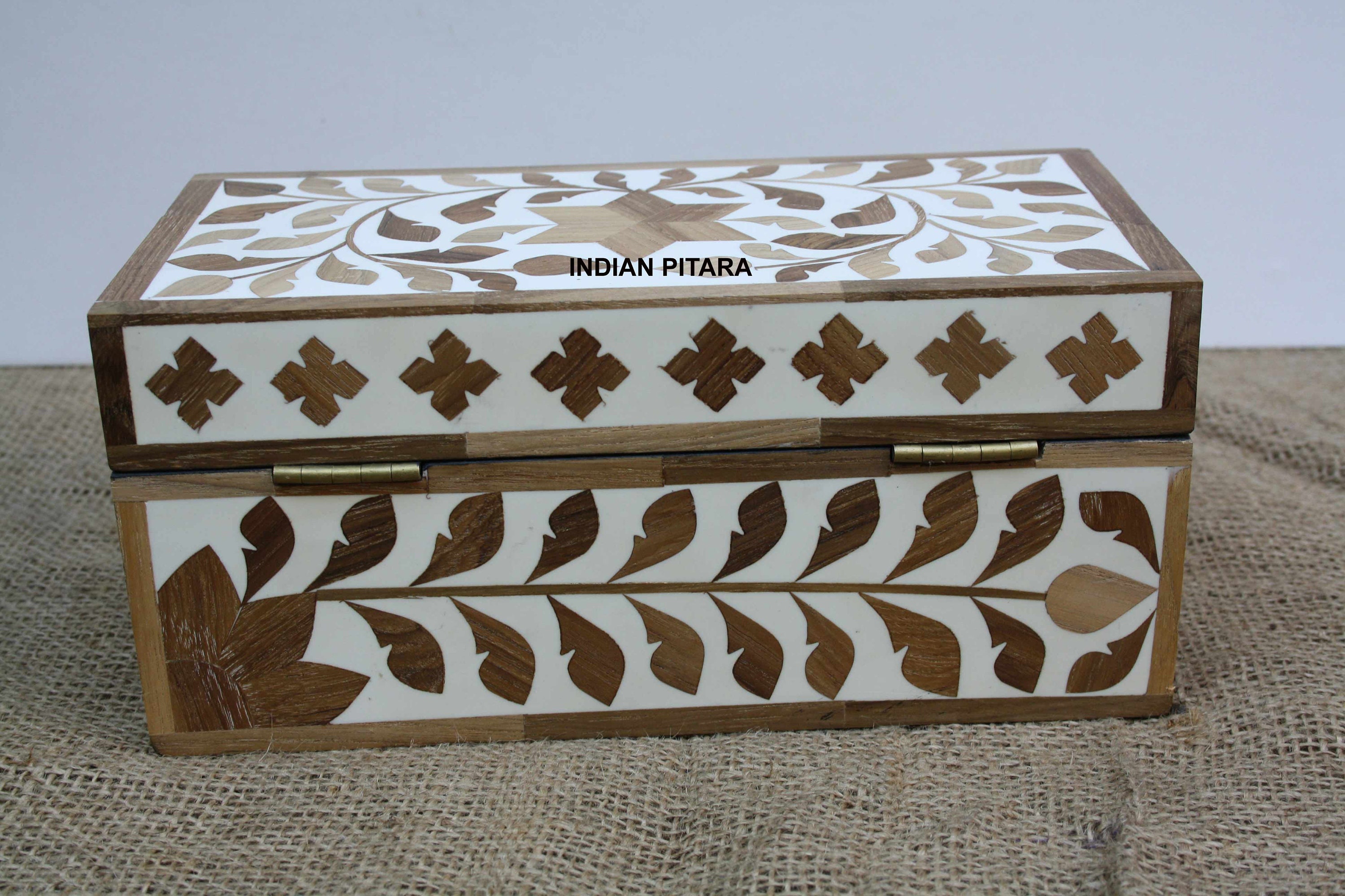Wood Inlay box in wood floral box table decor white and brown Etsy