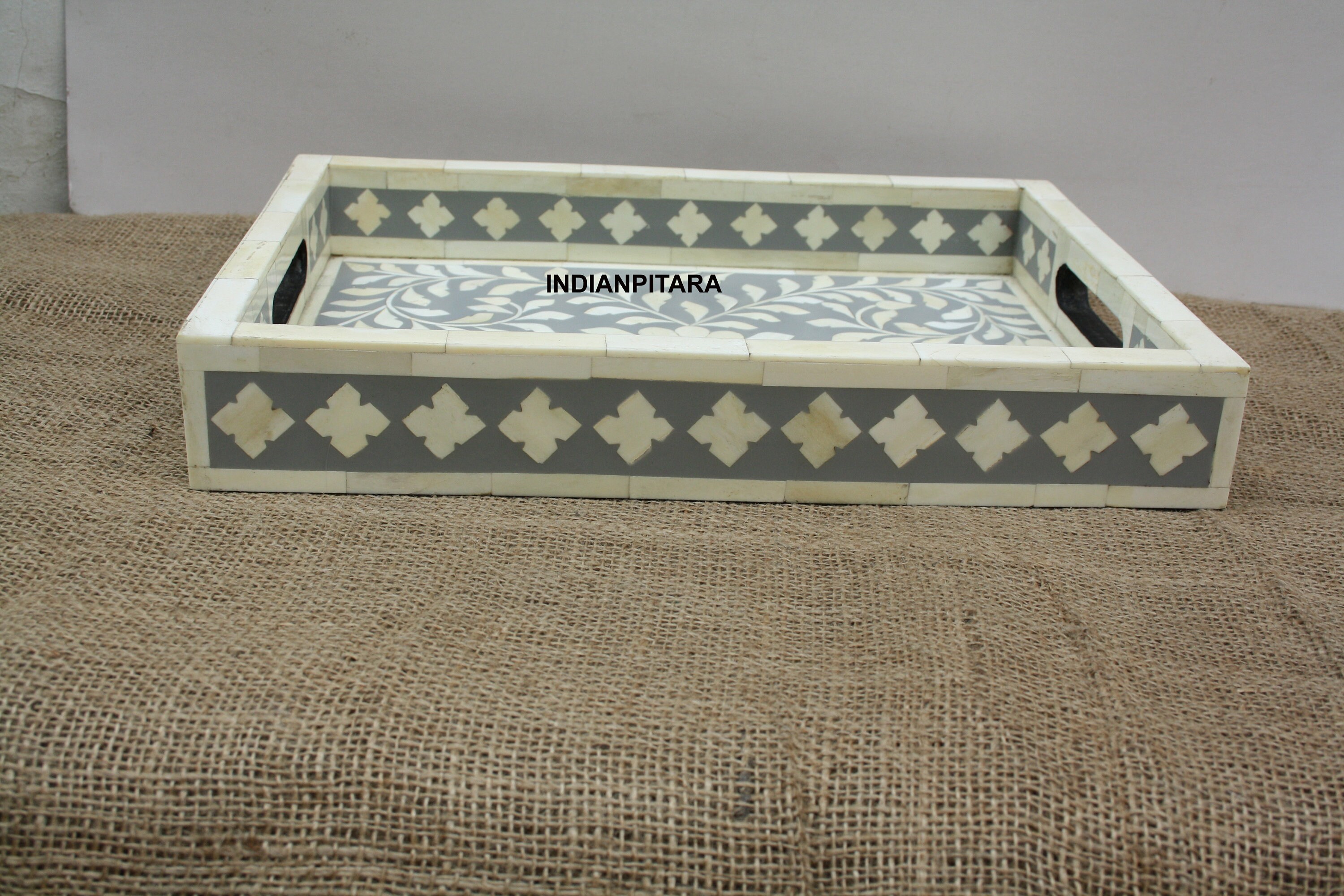 Bone Inlay tray in wood floral tray table decor grey color Etsy