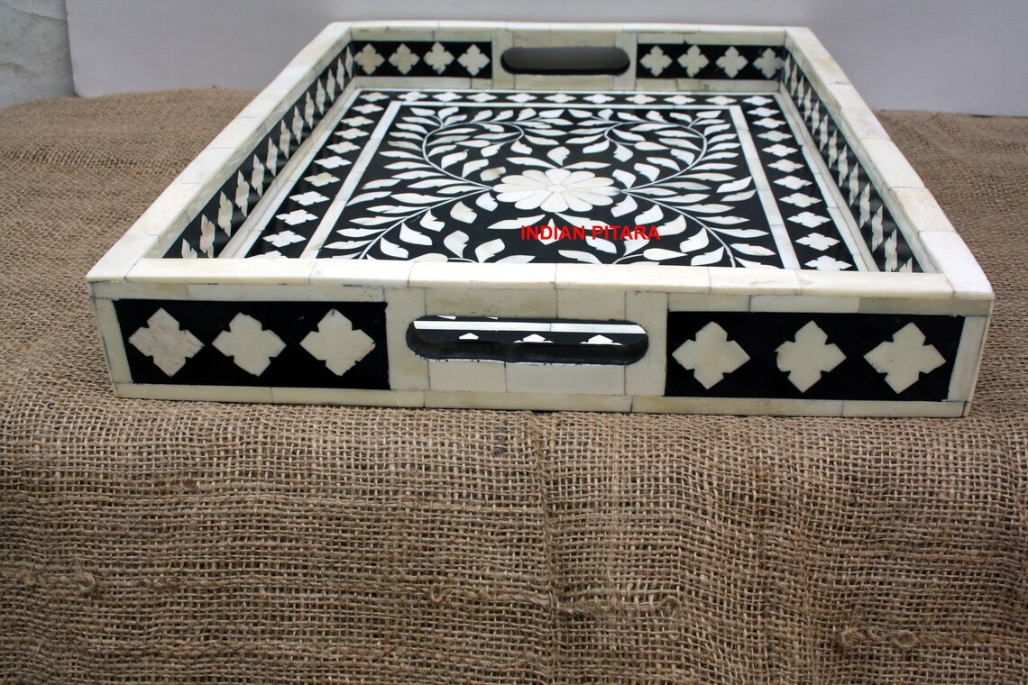 Bone Inlay tray in wood floral tray table decor black color Etsy