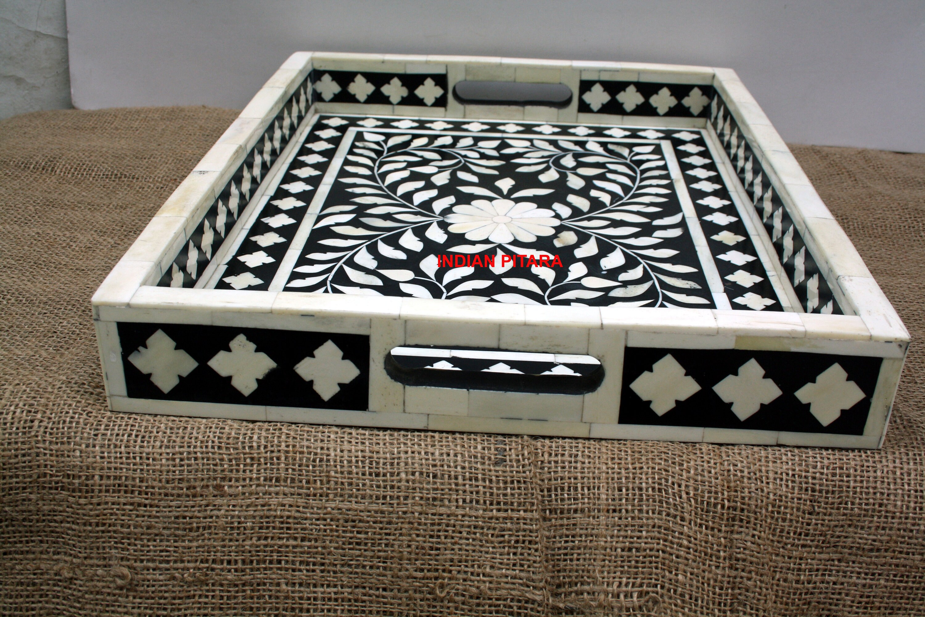 Bone Inlay tray in wood floral tray table decor black color Etsy