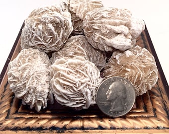 May include: A collection of white and brown desert rose crystals in a dark brown wooden box with gold trim. A silver US quarter is included for scale.
