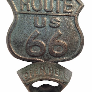 Route 66 Bottle Opener Soda or Beer Bottle Opener Cast Iron Wall Mount Road Sign Man Cave Wall Decor-
