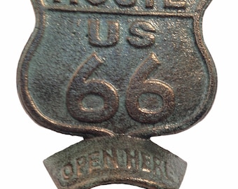Route 66 Bottle Opener Soda or Beer Bottle Opener Cast Iron Wall Mount Road Sign Man Cave Wall Decor-