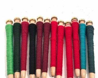 Spools Bobbins threaded wrapped SHINY BRASS END Primitive Quills Factory Reclaimed Industrial Spinning Textile lot Lot of 12 items :