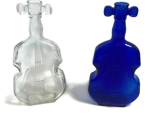 Vintage 1960s Fiddle Vase Pair: Blue & Clear Glass Table Decor