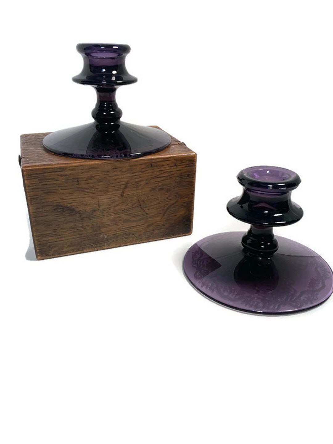 Vintage Purple Glass Candle Holders Short Pair Etched Amethyst Etsy