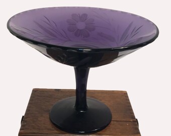 Purple Glass Compote Candy Dish Pedestal Bowl Debossed floral design Centerpiece Purple Amethyst Embossed-