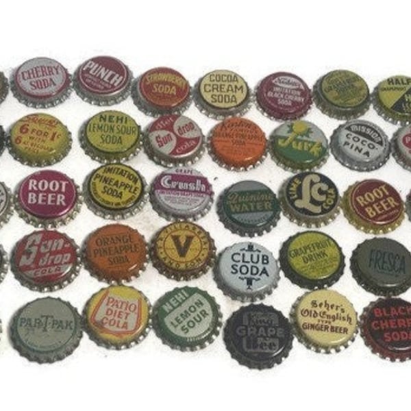 Soda Bottle Caps, Metal Soda Caps Pop Tops CORK LINED, NOS, 50 different beverages, craft, decorate, jewelry making: