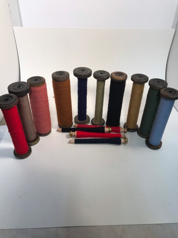 Lot of 3 Vintage Industrial Textile Wood Bobbins/Quills with Thread 