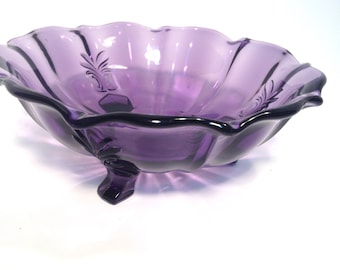 Fostoria Baroque three footed Candy dish, trinket bowl, Purple Amethyst, free shipping