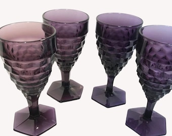 Vintage Purple Glass Fostoria American Stemware Antique Amethyst Purple set of 4 LARGE HEX BOTTOM Hexagonal Base Goblets Wine Glasses-