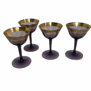 Vintage Purple Glass Stemware Aperitif Wine Antique Amethyst Purple set of 4 Small Glasses-