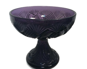 Purple Glass Compote Candy Dish Pedestal Bowl Center piece  Purple Amethyst :