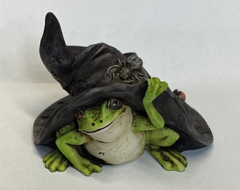 Artist Neil Eyre Eyredesigns Halloween Witch Black Hat Tree Frog Toad Spider Web Figurine or Holiday Ornament Handmade USA