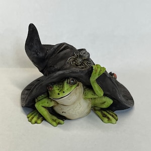 Artist Neil Eyre Eyredesigns Halloween Witch Black Hat Tree Frog Toad Spider Web Figurine or Holiday Ornament Handmade USA